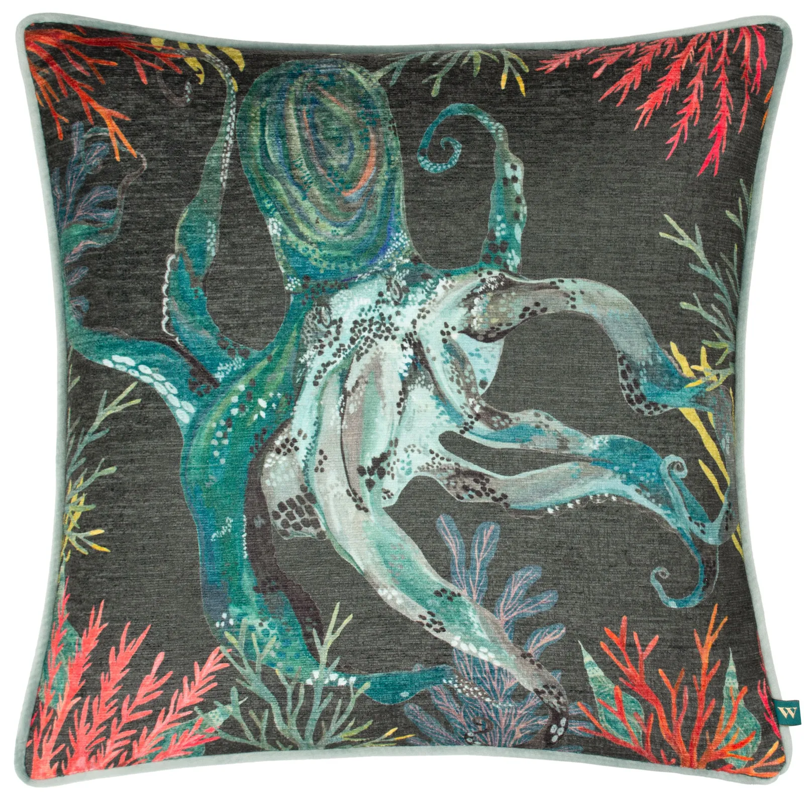 Wylder Tropics Abyss Octopus Abstract Piped Cushion in Dark Grey