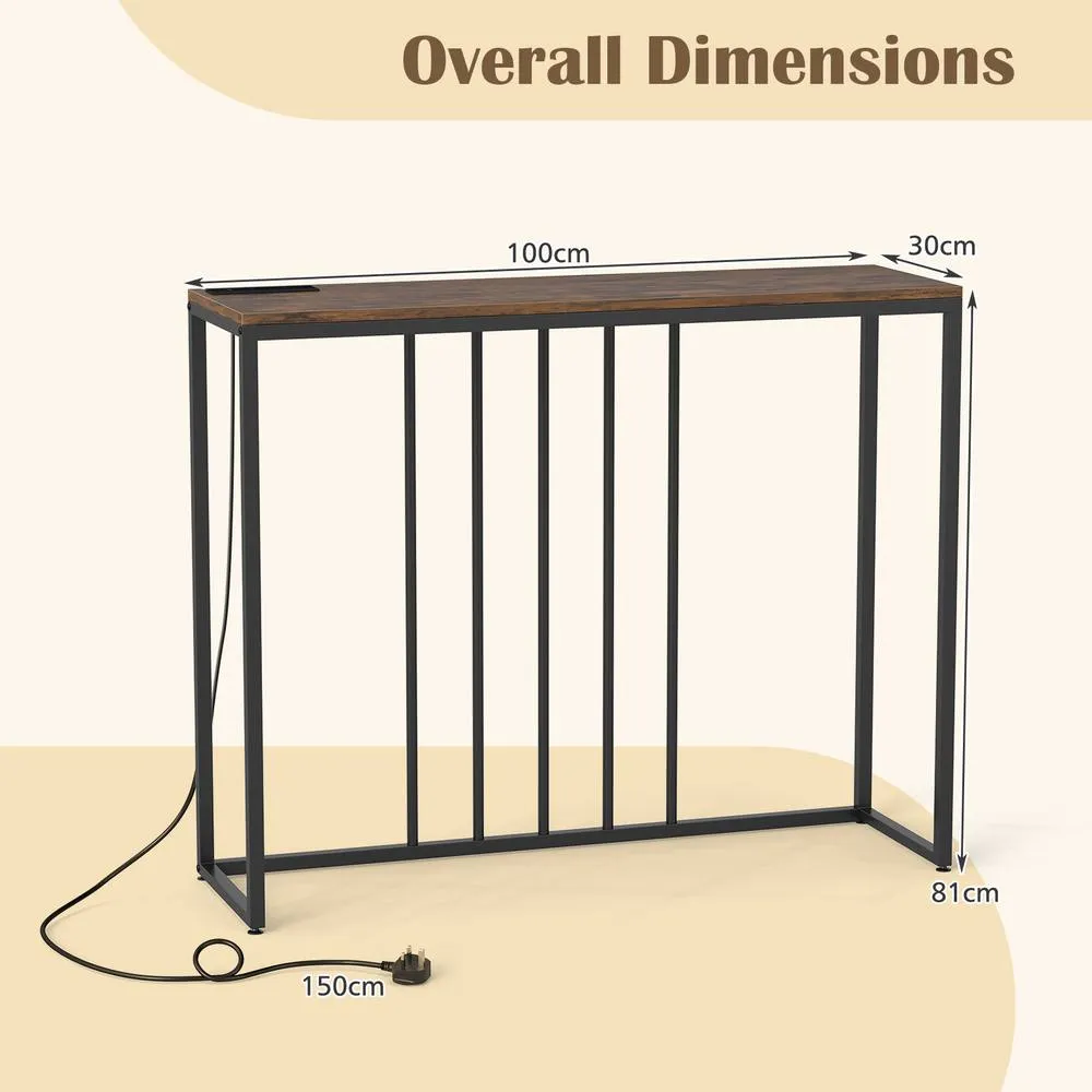 Costway Entryway Table Console Table with Charging Station in Brown 3