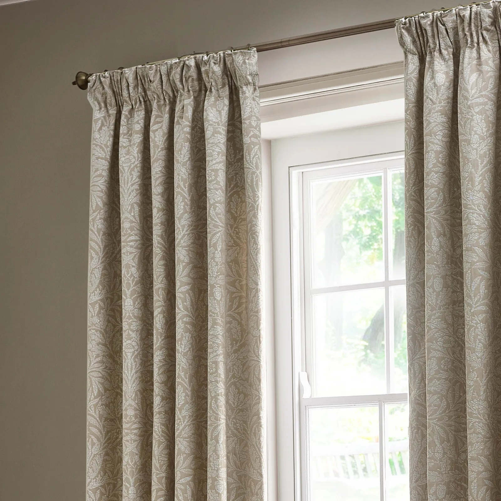 Morris & Co Acorn Tonal Fully Lined Matt Jacquard Pencil Pleat Curtains in Beige 3