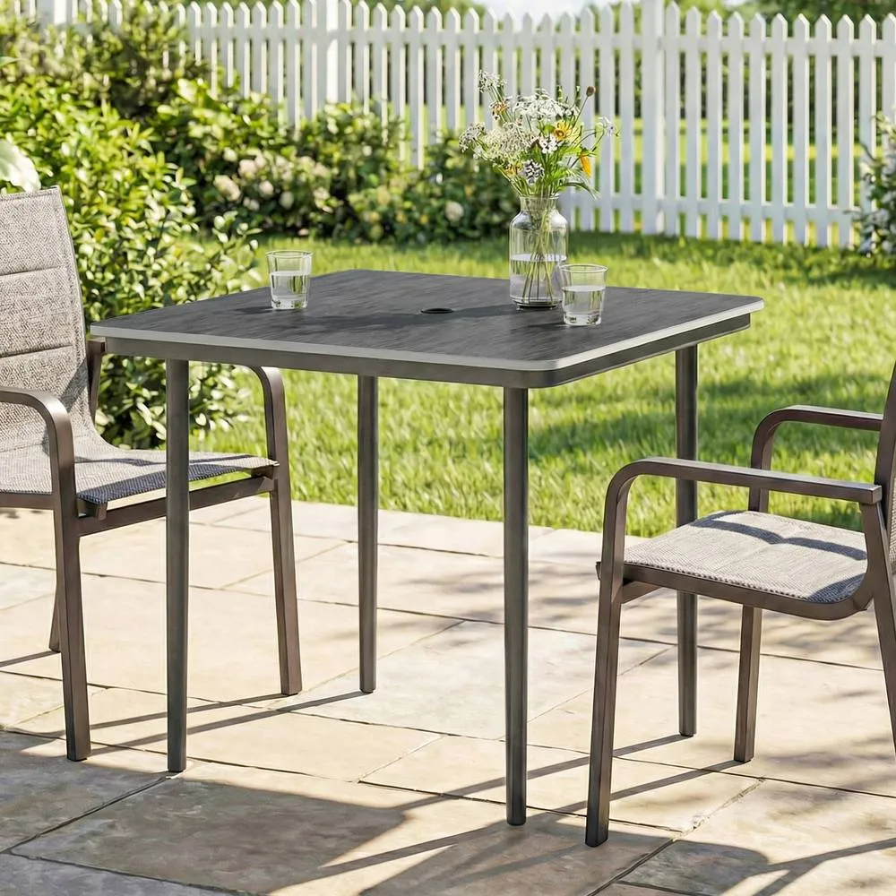 OUTSUNNY Garden Dining Table, Outdoor Table with Umbrella Hole in Dark Grey