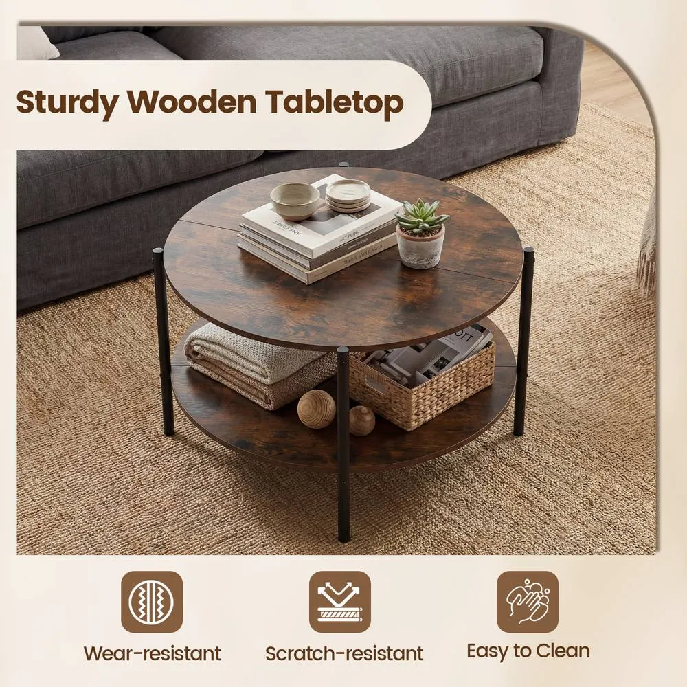 Costway 2-Tier Round Coffee Table Industrial Cocktail Table w/Storage Shelf in Brown 5