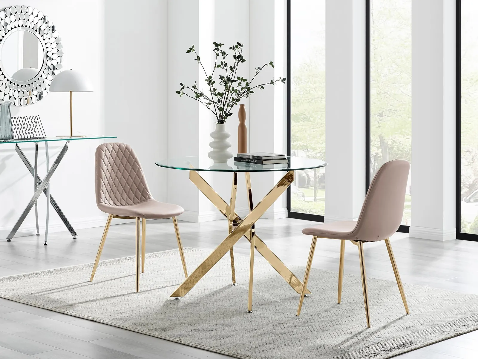 FurnitureboxUK Novara 100cm Round Gold Leg Dining Table & 2 Corona Gold Chairs in Beige 1