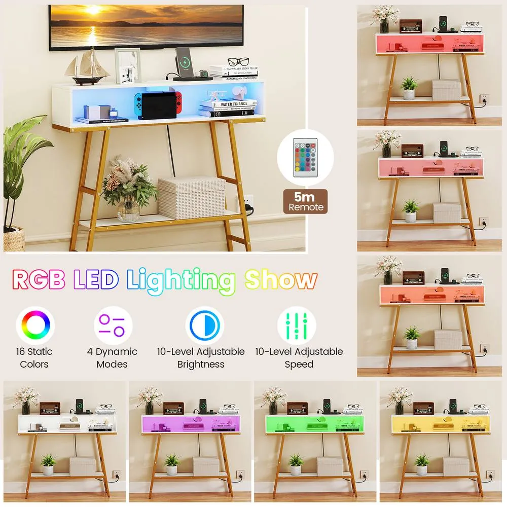 Costway Console Table w/ LED Light & Charging Station 3-Tier Entryway Table in White 5