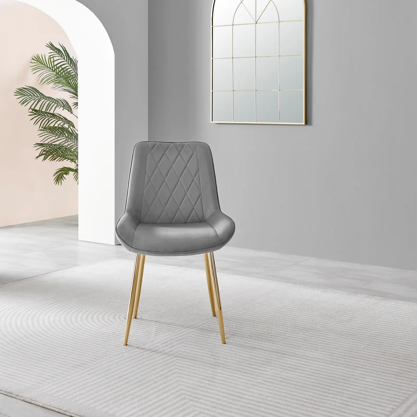 FurnitureboxUK Set of 2 Pesaro Luxury Soft Touch Diamond Pattern Velvet Dining Chairs With Gold Chrome Metal Legs in Grey 4