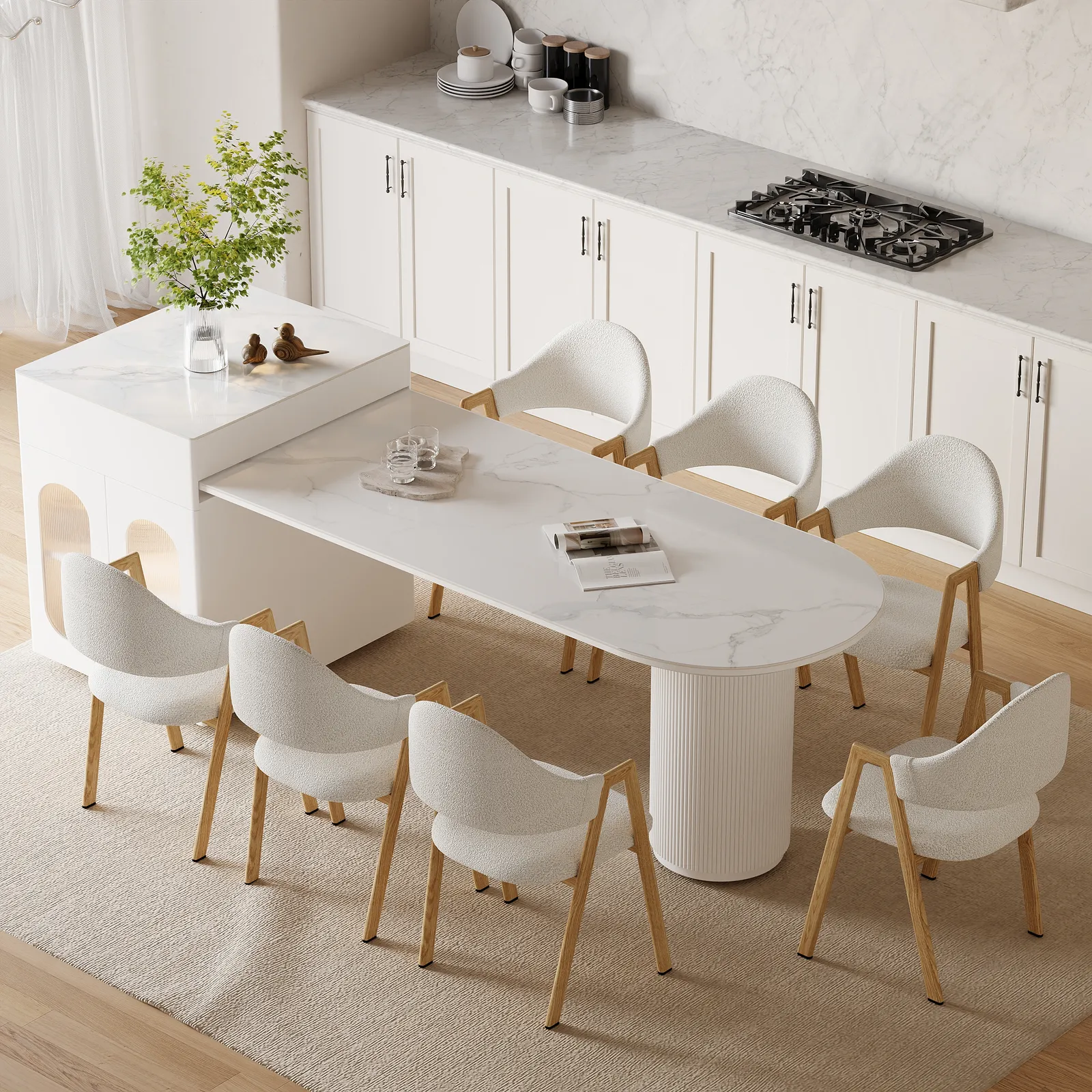 Expandable Kitchen Island with Marble-Pattern Sintered Stone Top 180 - 210 cm