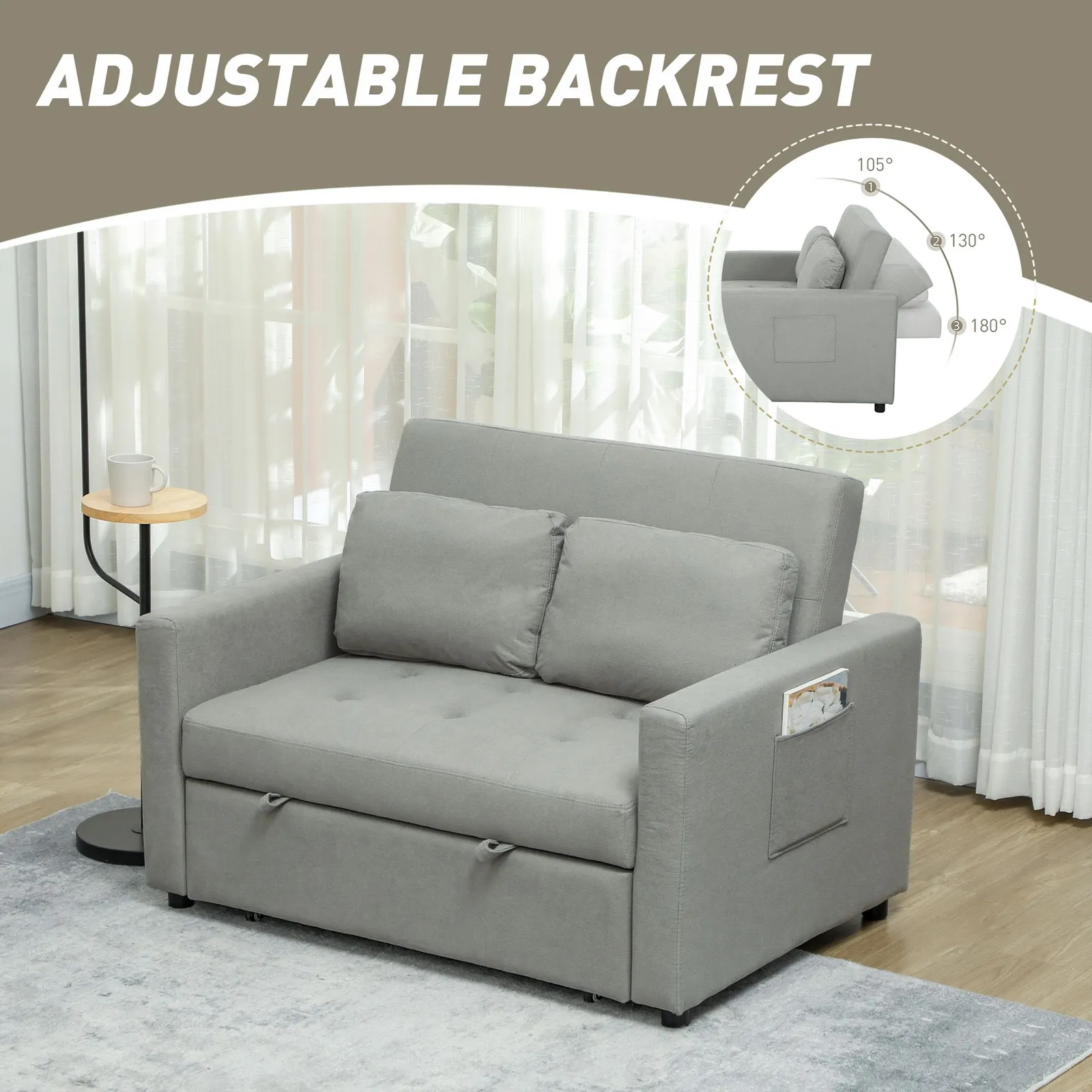 HOMCOM 2 Seater Sofa Bed Convertible Bed Settee with Pillows, Light Grey 6