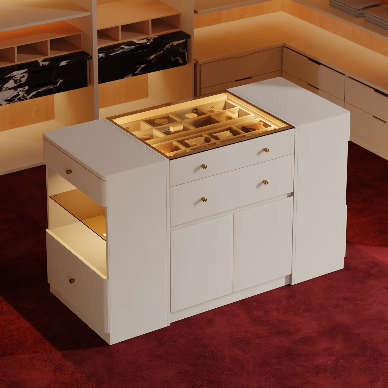Leather Glass Selvo Saddle Top Wardrobe Island with Storage, Light and Jewellery Display