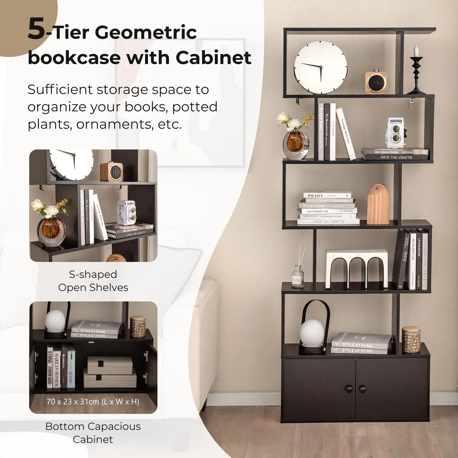 Costway 5-tier S-Shaped Bookcase Industrial Display Rack with Cabinet Wooden Bookshelf in Black 4
