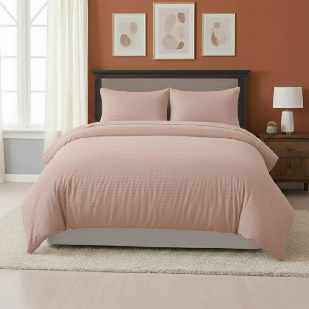 Snug City Embossed Stripe Duvet Cover Soft Microfibre Bedding with Pillowcases in Pink