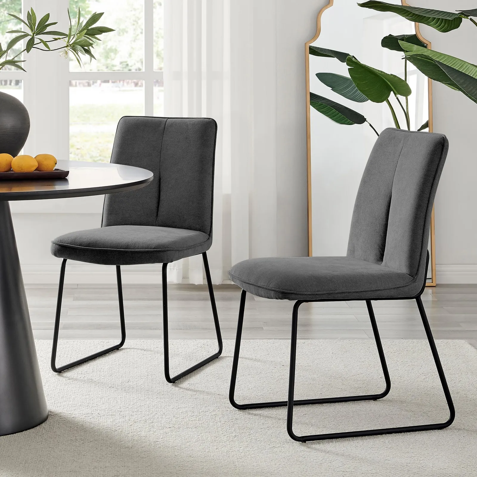 FurnitureboxUK Set of 2 Modern Chic Deep Padded Soft & Durable Stitched Fabric & Black Powder Coated Metal Leg Dining Chairs in Dark Grey