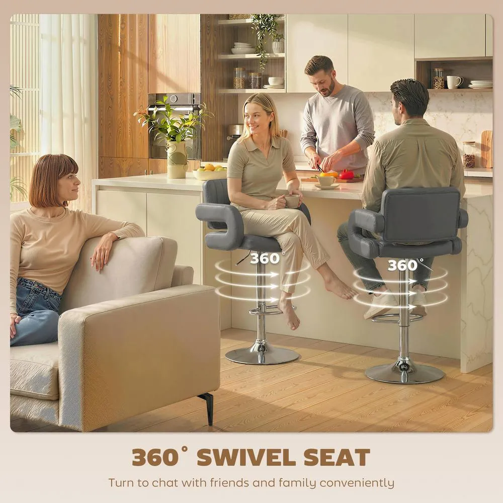 HOMCOM Bar Stools Adjustable Swivel with Armrest Set of 2 Grey 6