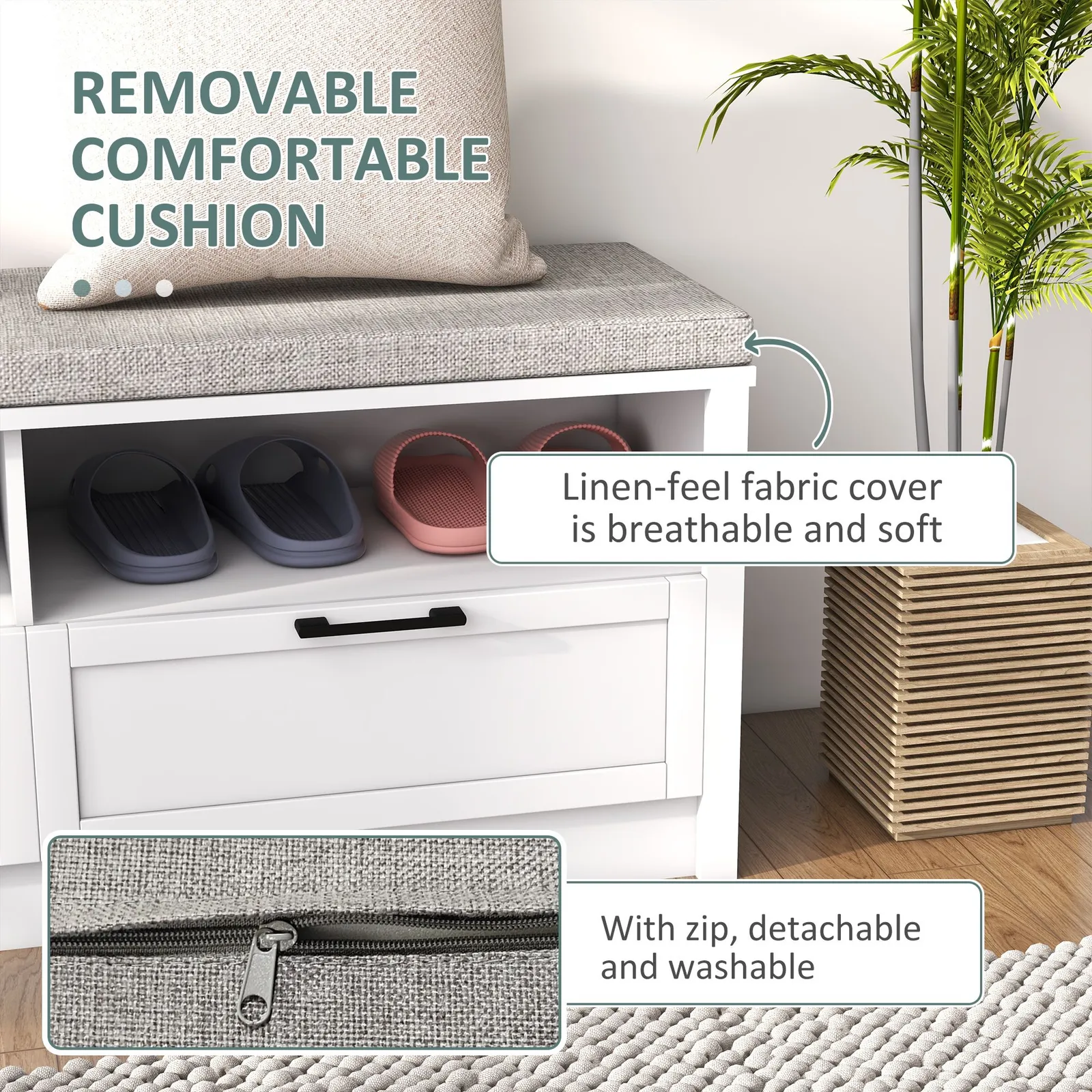 HOMCOM Shoe Storage Bench with Removable Cushion Open Compartment & Drawer in White 5