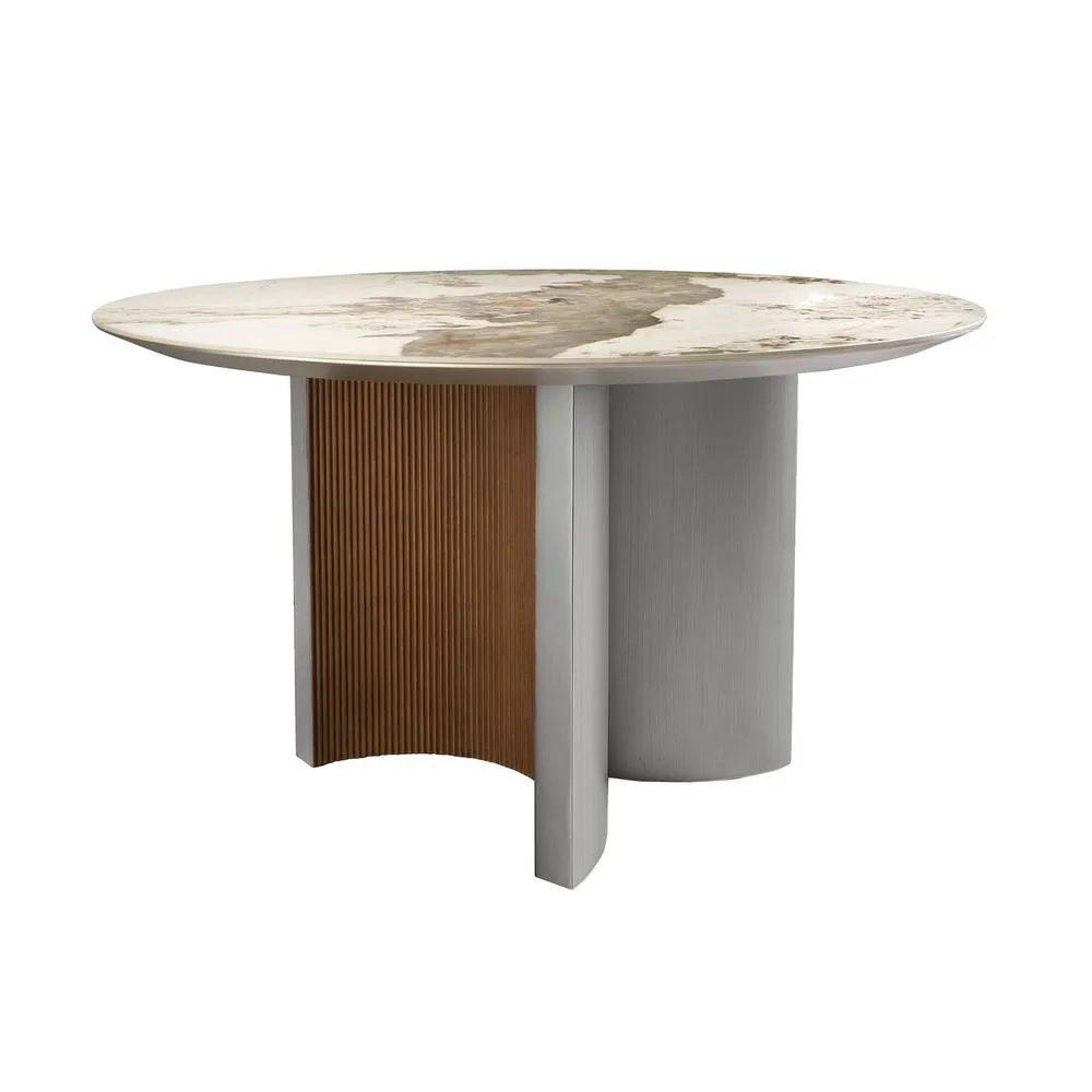 Angel Cerda Round Dining Table Porcelain Marble Top Walnut in Metallic Silver 2