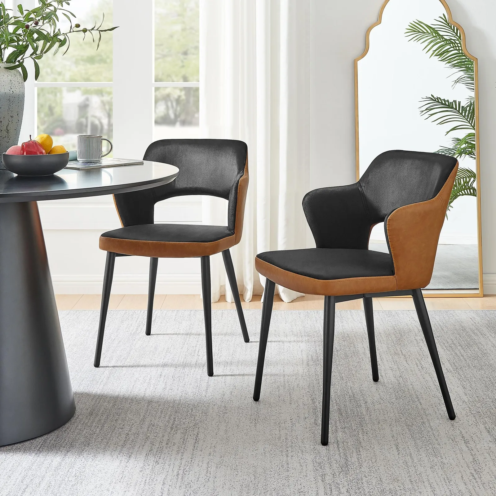 FurnitureboxUK Kai 2x Black Velvet Tan Faux Leather Black Leg Dining Chair