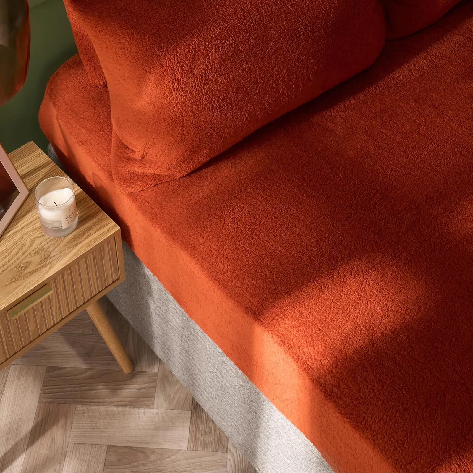 OHS Teddy Fleece Thermal Fitted Bed Sheet in Burnt Orange | Size: Single Fitted