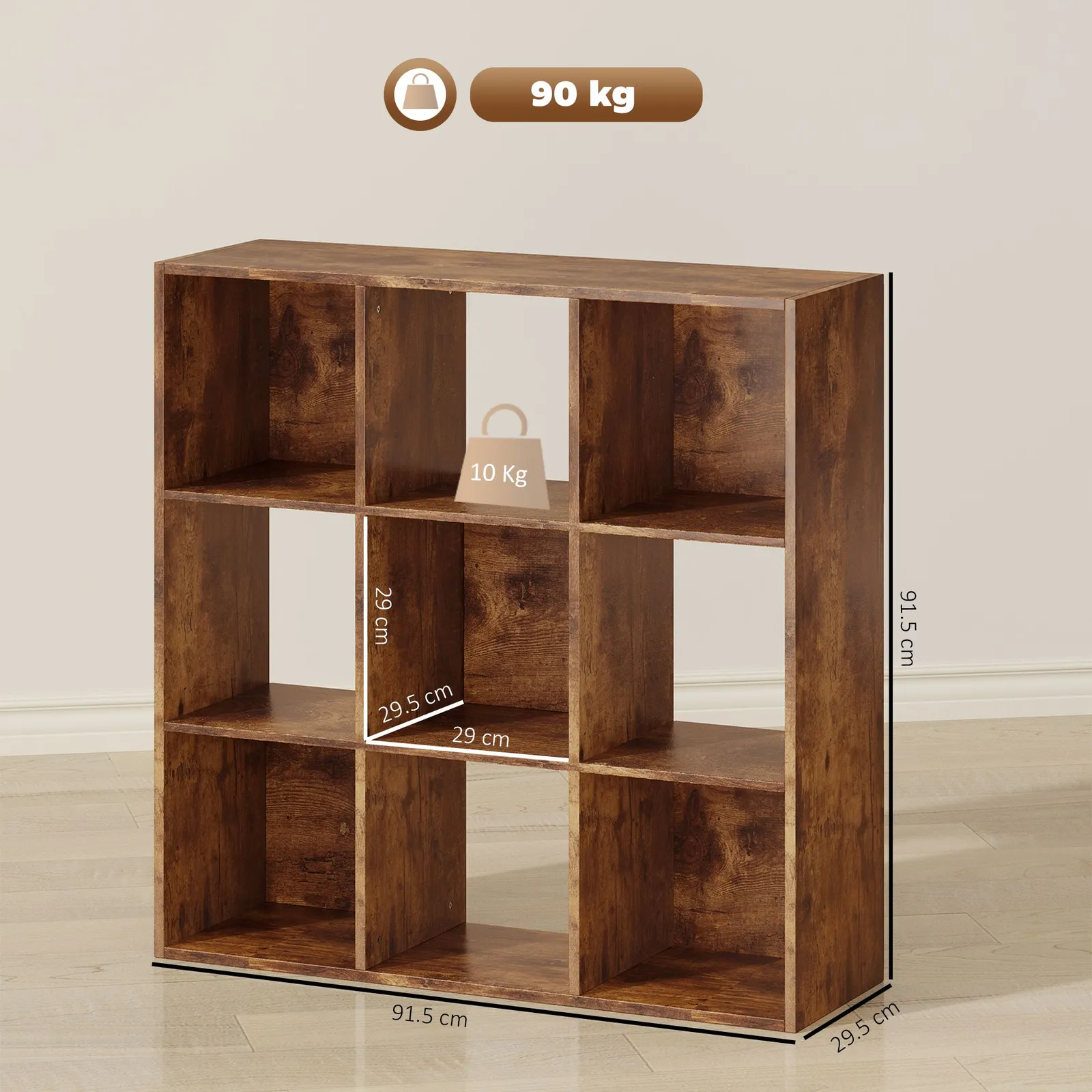 HOMCOM 3-tier Storage Cupboard Bookcase with 9 Cubes, Rustic Brown 3