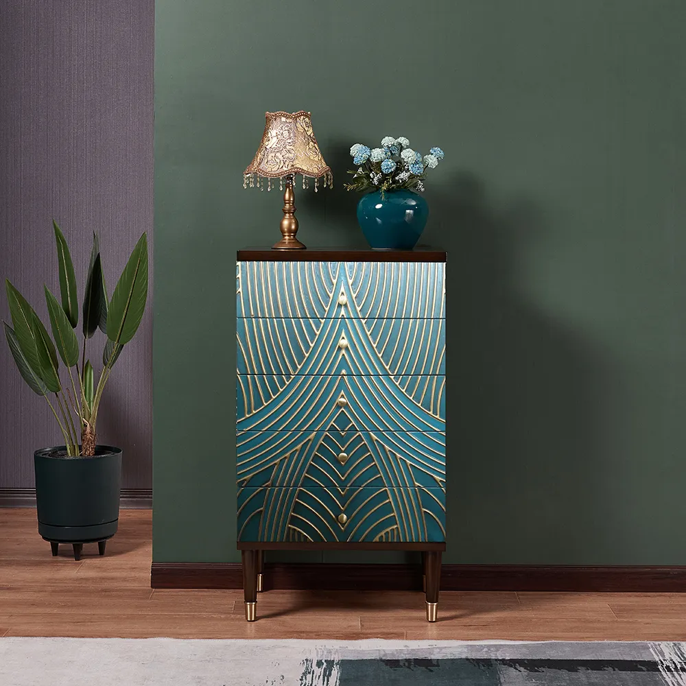 Novel Blue Cabinet Gold-Painted 5-Drawer Chest in Large