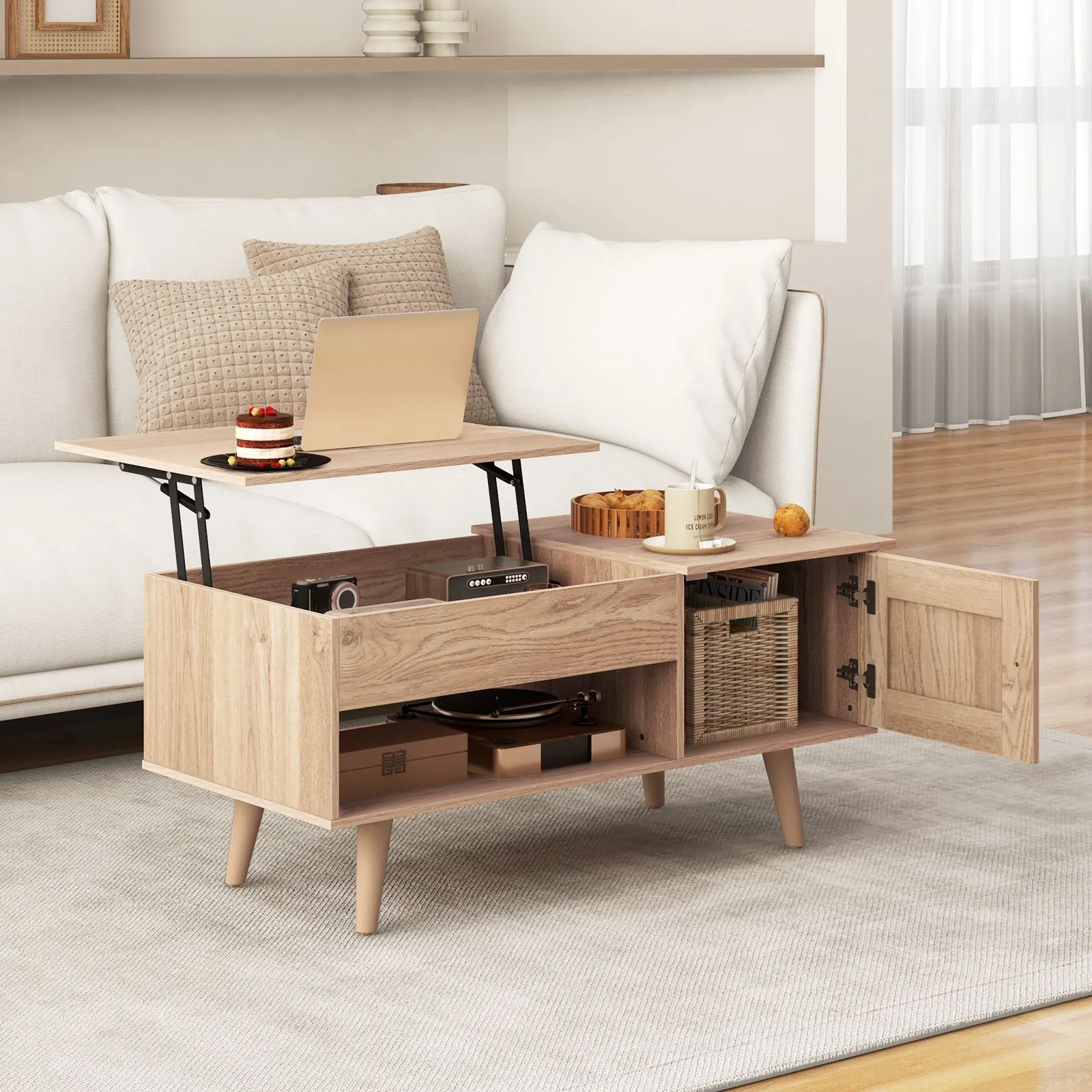 Costway Lift Top Coffee Table Pull up Coffee Table with Storage in Natural
