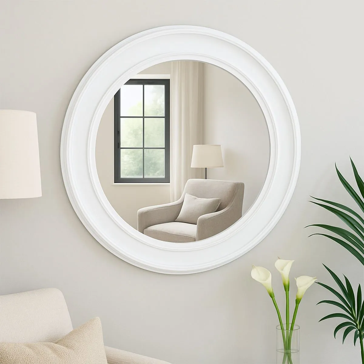 Melody Maison Large Round Vintage White Wall Mirror 80cm X 80cm