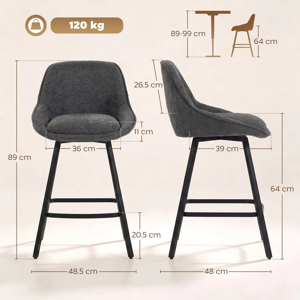 HOMCOM Bar Stools Set of 2, 360° Swivel, 64 cm Counter Height in Dark Grey 3