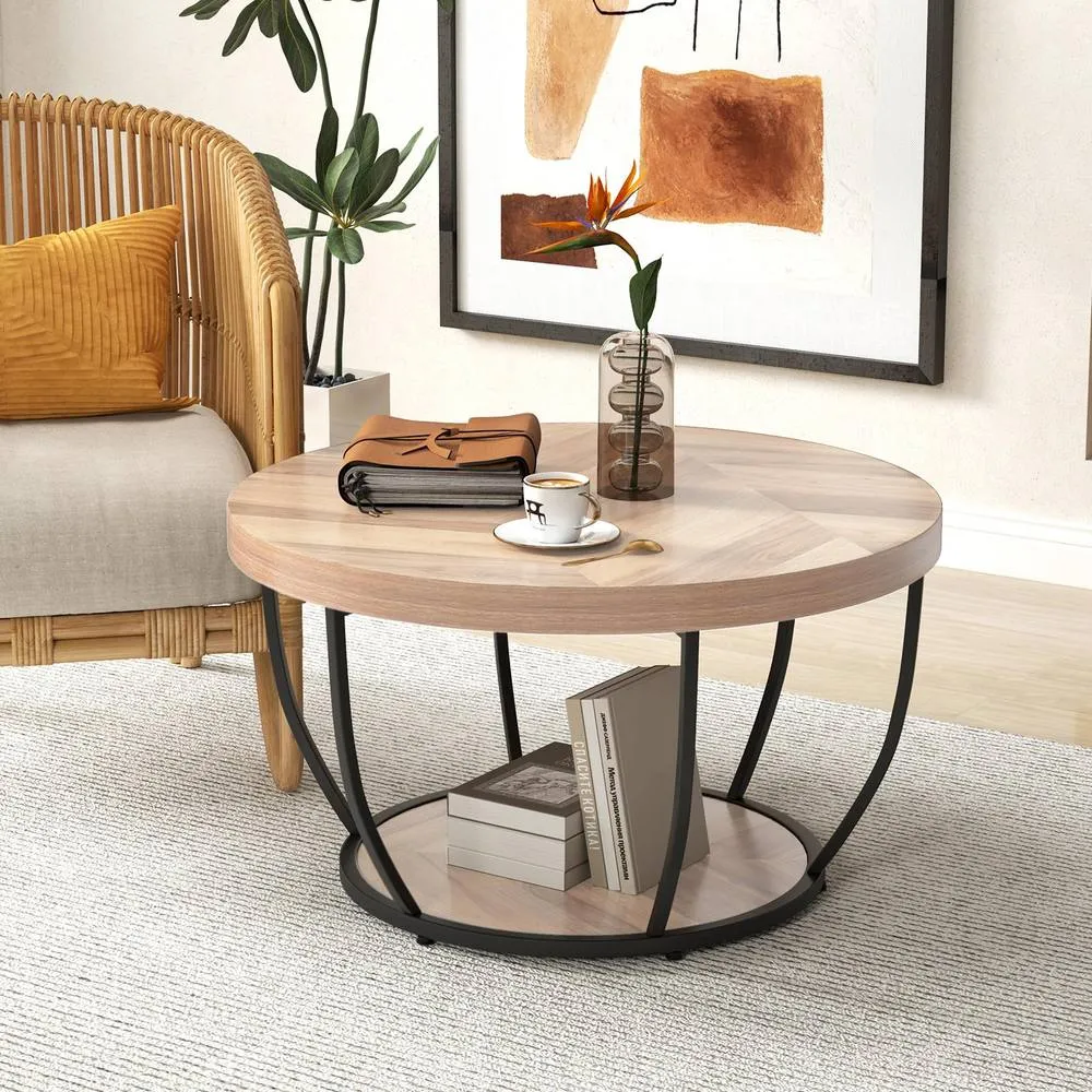 Costway 2-Tier Round Coffee Table with Heavy-duty Metal Frame in Natural 3