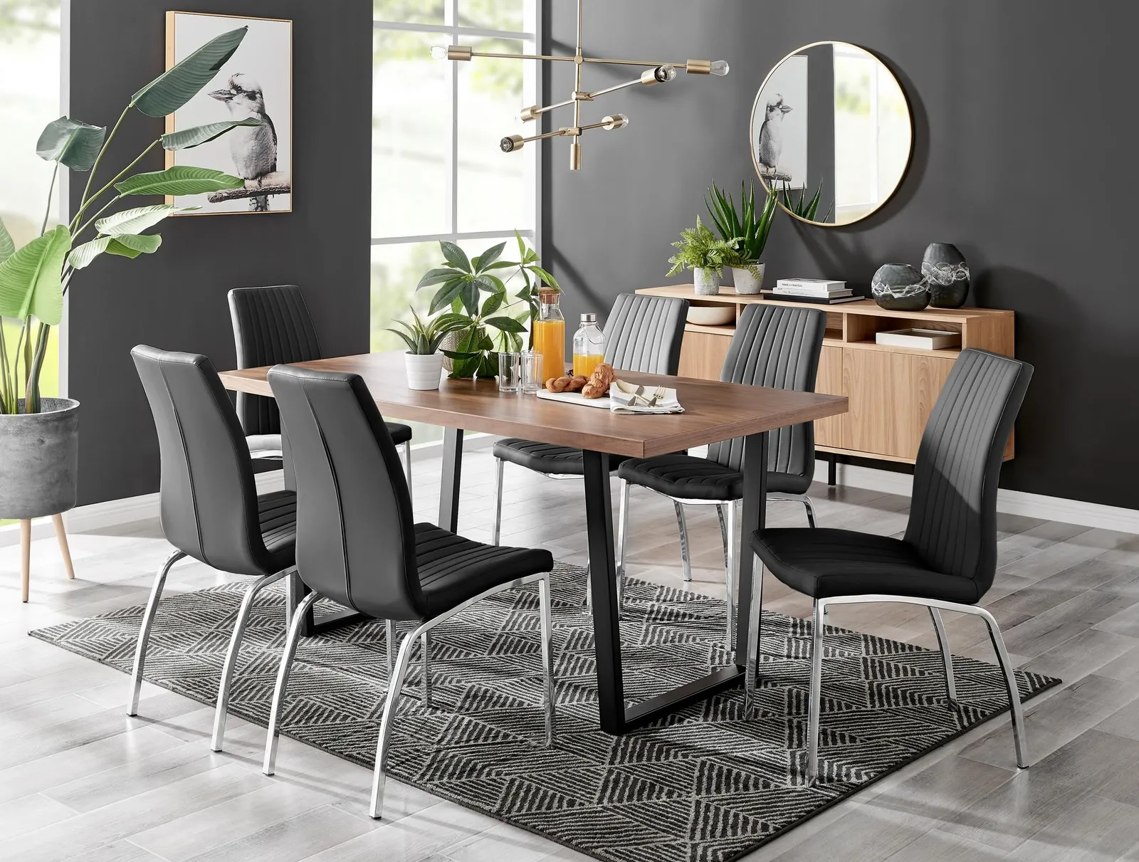 FurnitureboxUK Kylo Large Brown Wood Effect Dining Table & 6 Isco Faux Leather Chairs in Black