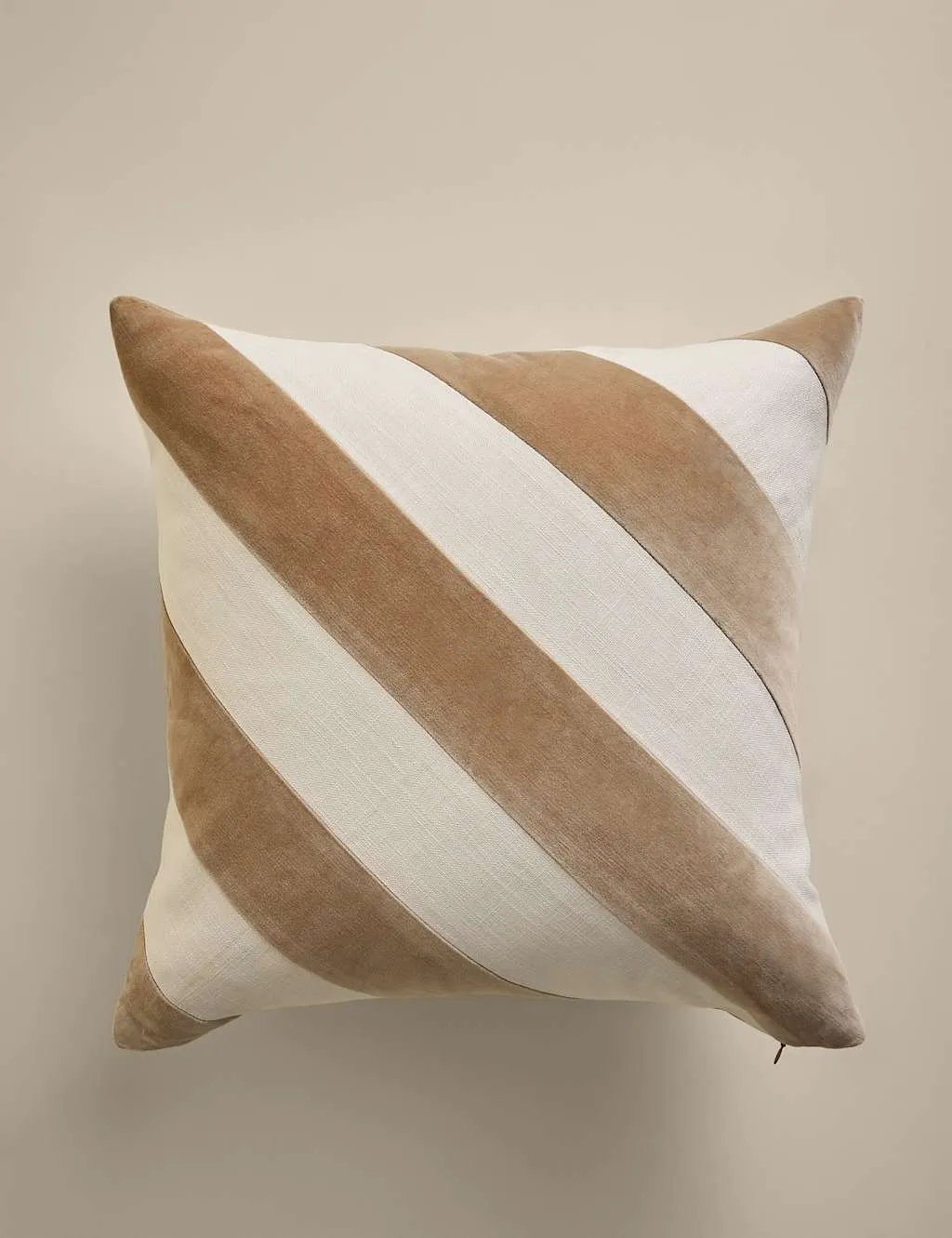 M&S Pure Cotton Velvet Diagonal Stripe Cushion Biscuit