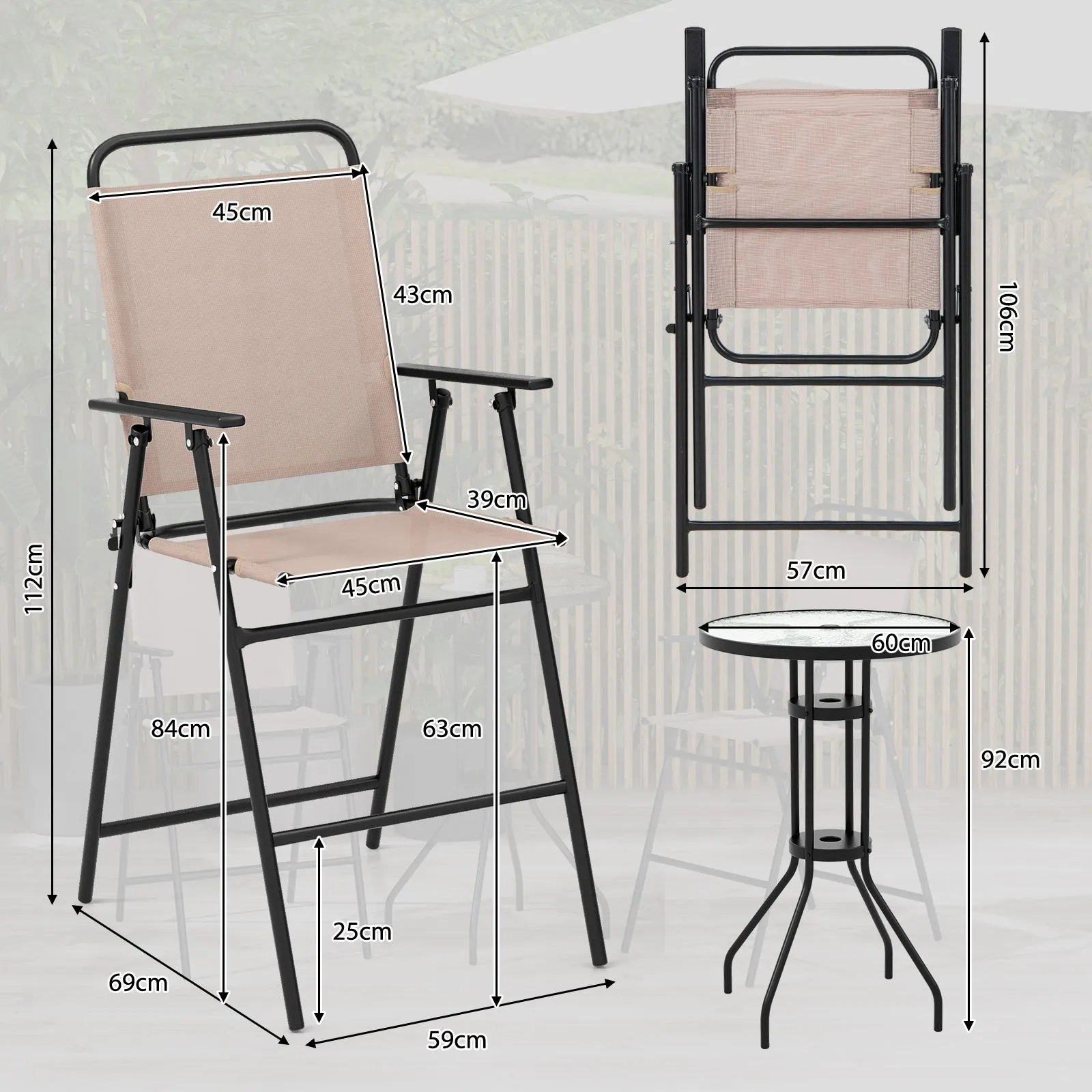 Costway 3 PCS Outdoor Folding Bistro Set Patio 2 Folding Chairs & Round Bar Table W/ 4 cm Umbrella Hole in Beige 3
