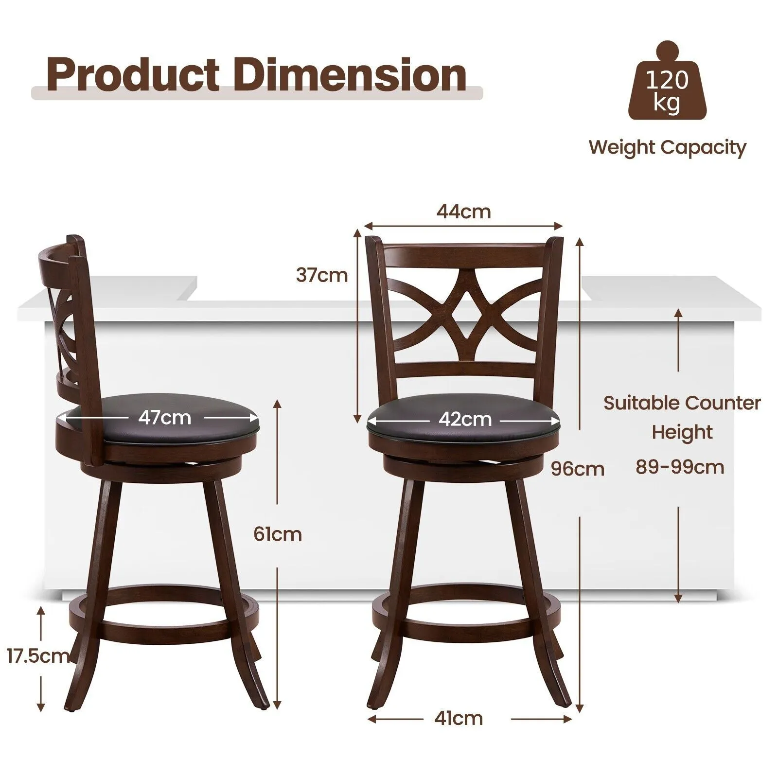 Costway Set of 2 Bar Stools Counter Height Chair Pub 360 Swiveling Upholstered Seat 24" in Brown 2