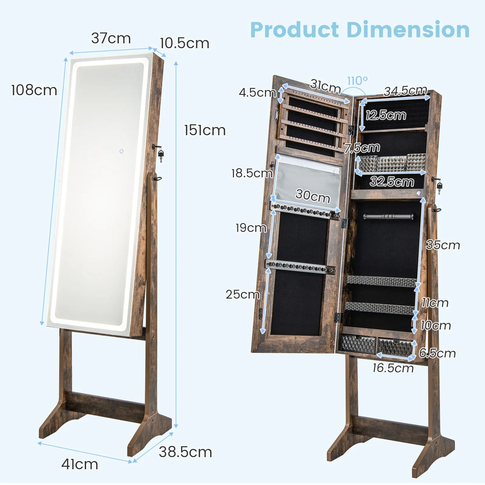Costway Standing Jewelry Cabinet Lockable Jewelry Armoire w/ LED Lights in Brown 2