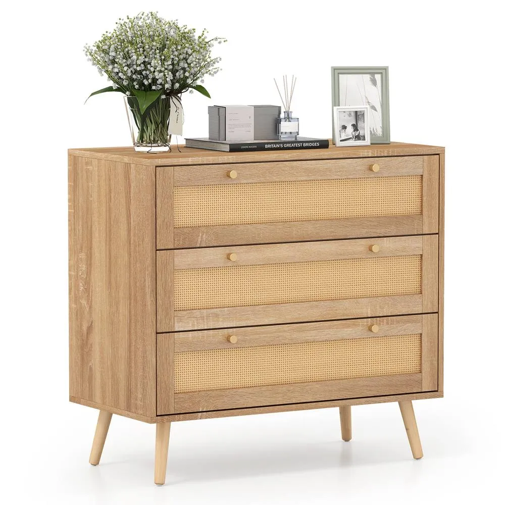 Costway Boho 3-Drawer Rattan Dresser Wooden Nightstand Side Table w/ 3 Drawers in Natural