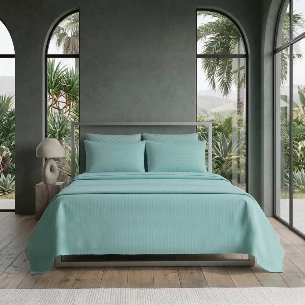 Snug City Luxury Satin Stripe T250 Cotton Rich Soft Flat Sheet Bed Linen in Aqua