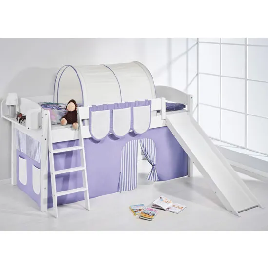 Lilla Slide Children Bed In White With Purple Curtains