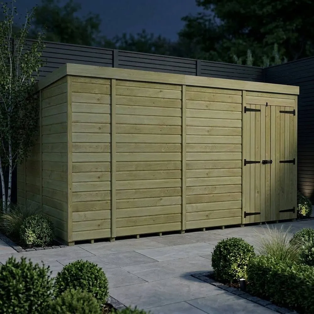 Buttercup Farm 14ft x 9ft Pent Garden Shed Double Door No Windows - Timber in Brown 3
