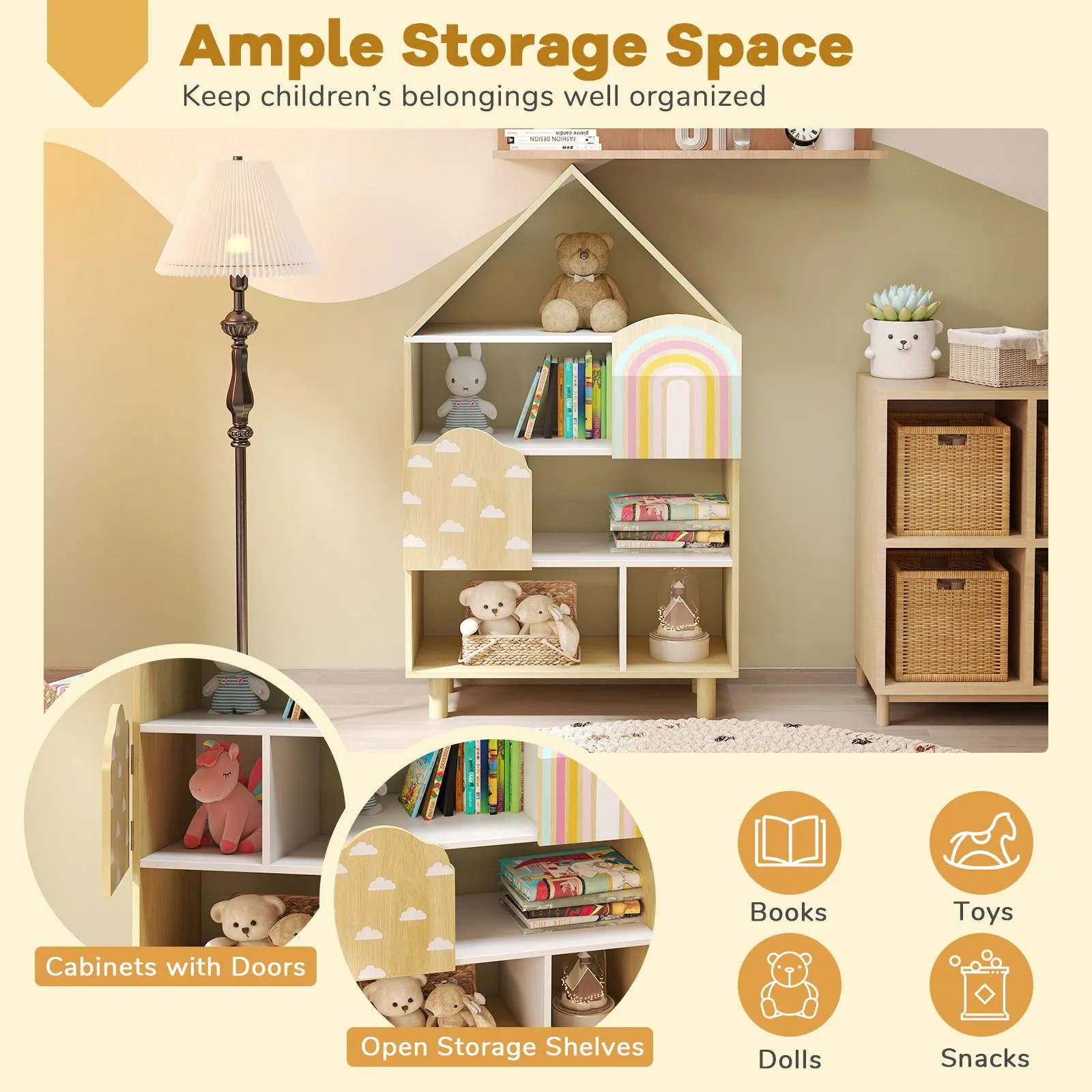 Costway Dollhouse Bookshelf House-shaped Bookcase with 2 Doors in Natural 4