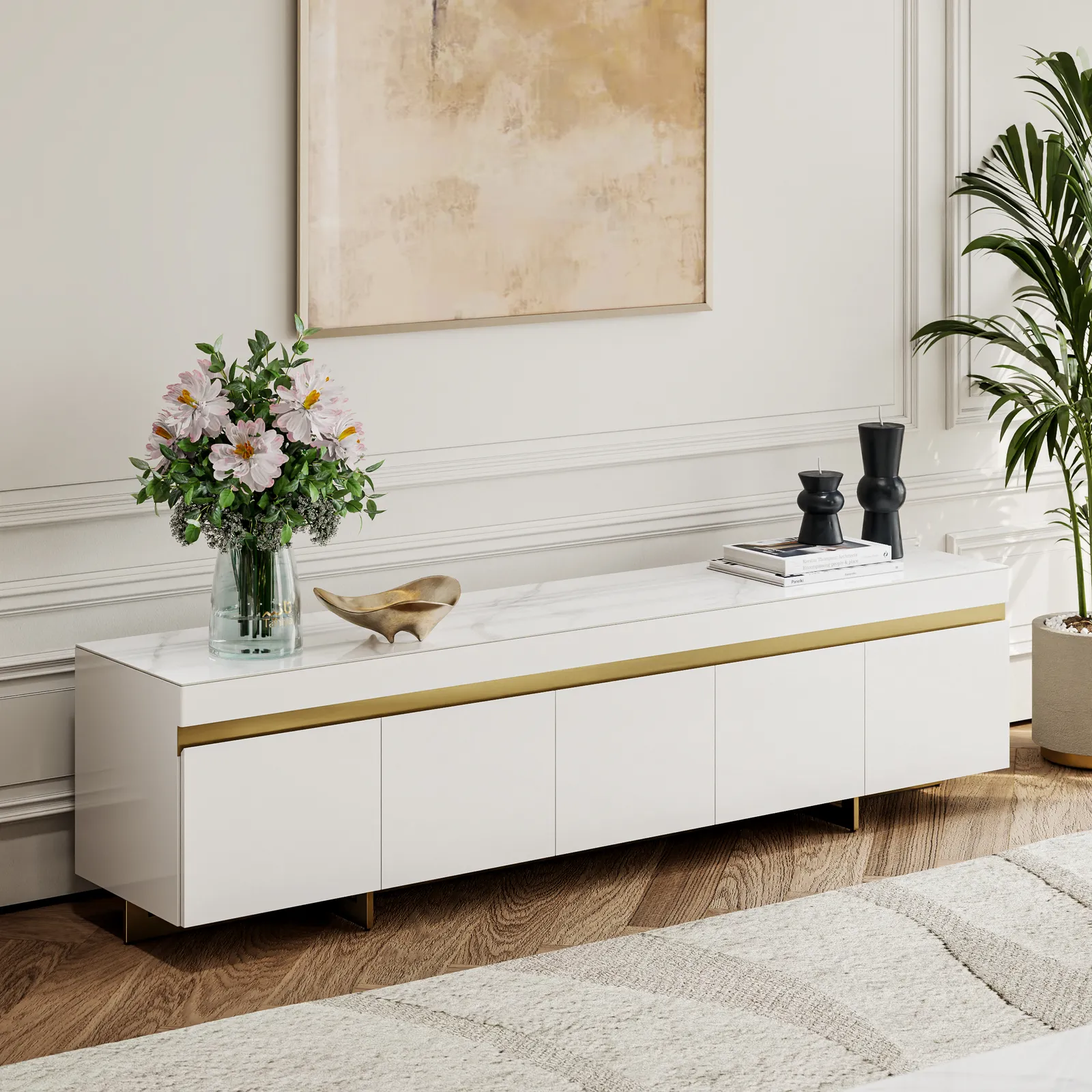 218 cm White Sintered Stone Top TV Stand with 4 Drawers