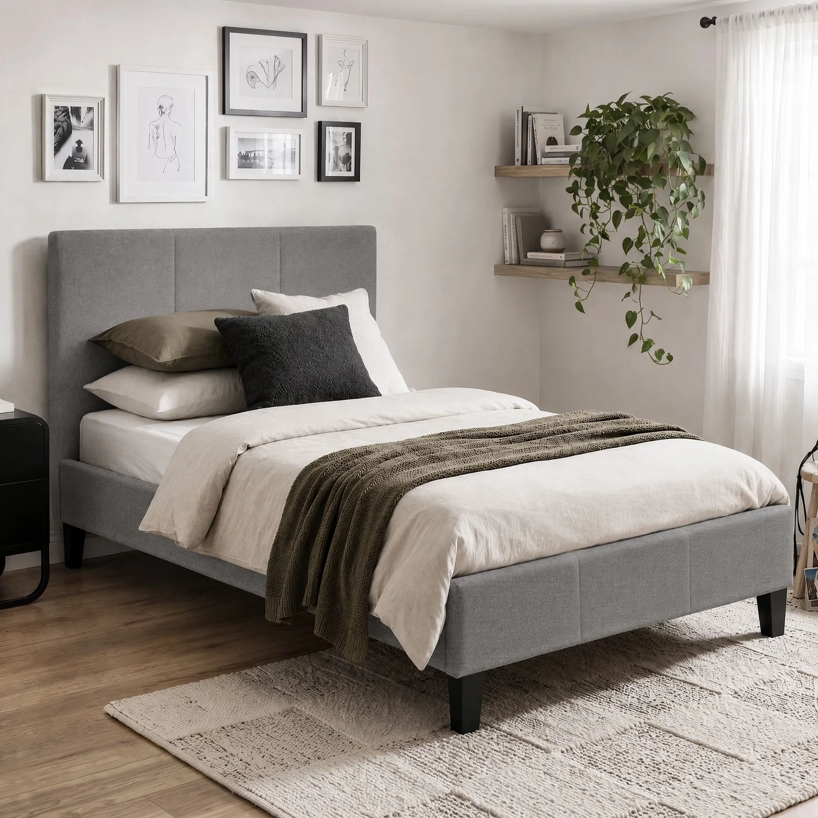 Comfy Living Ltd Modern Hopsack Fabric Upholstered Bedframe in Dark Grey 1