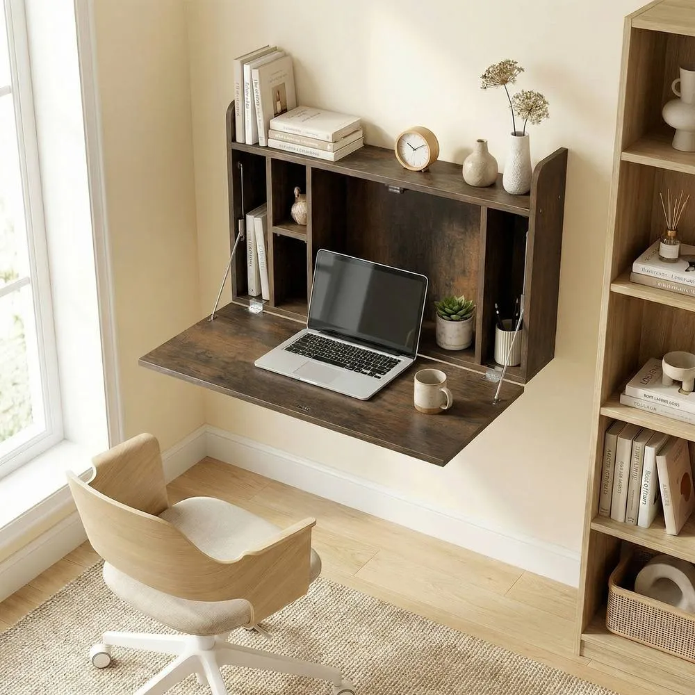HOMCOM Wall Mounted Table w/ Space Saving Storage Compartments in Dark Brown