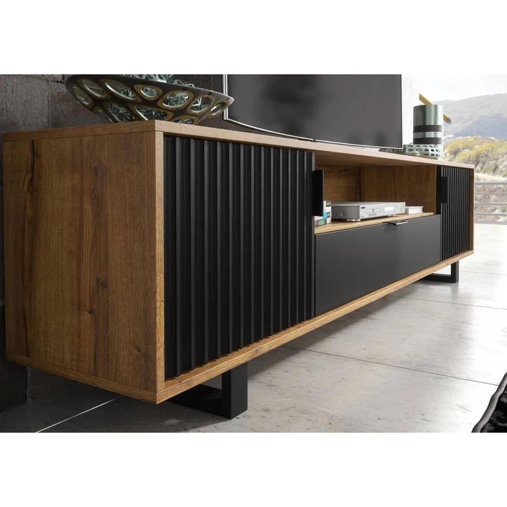 Creative Furniture Blackridge TV Unit 200cm - Dark Oak with Black Fluted Doors & Drawer in Dark Brown 3