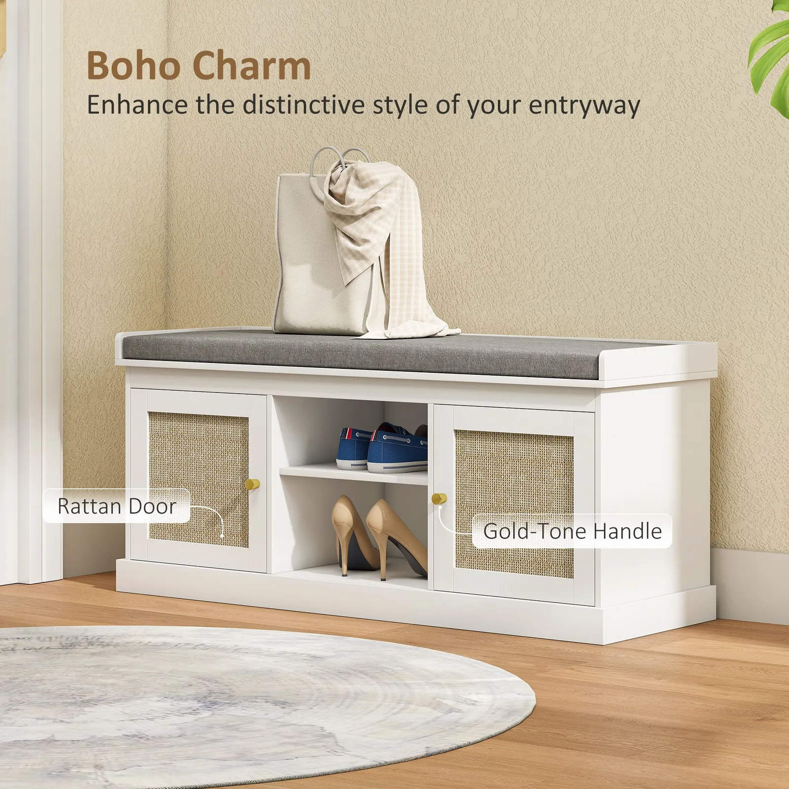 HOMCOM Shoe Bench, Boho Shoe Storage Bench with Padded Cushion, White 4