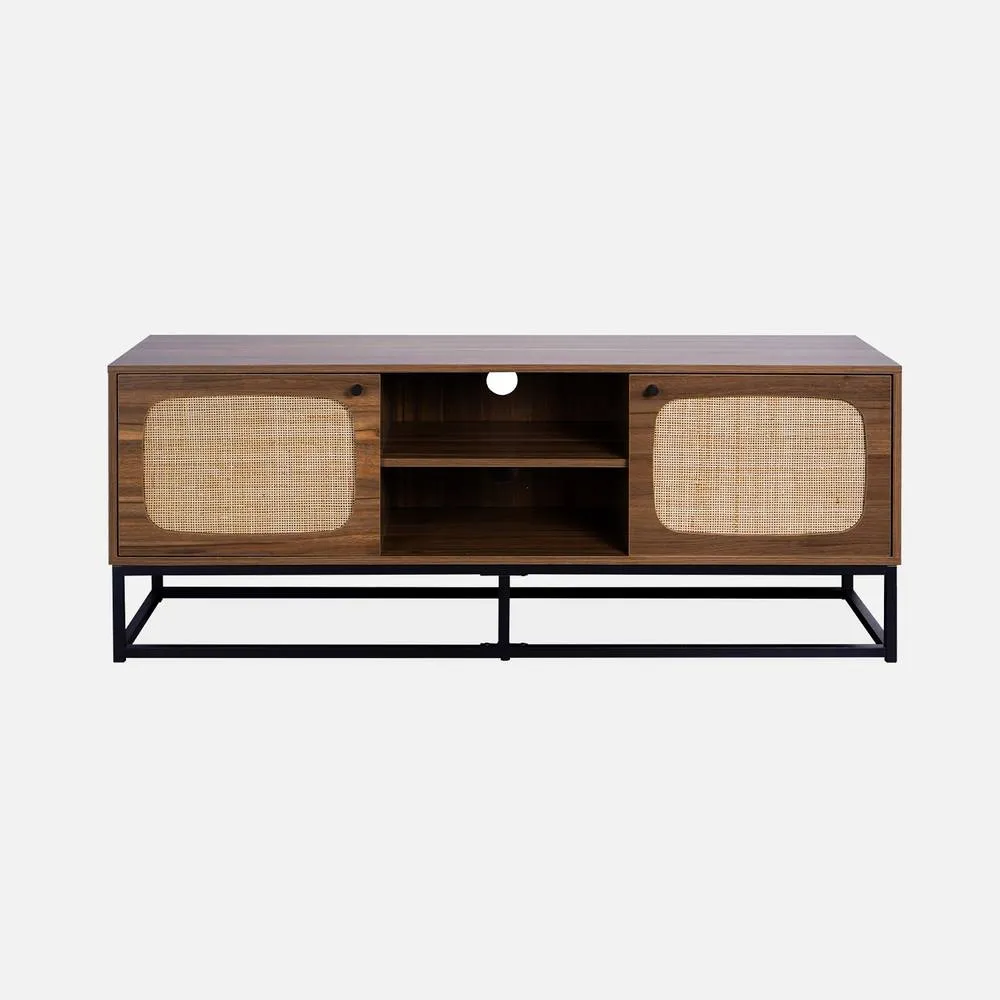 sweeek 140cm Tv Unit Wooden Effect & Rounded Cane 2 Doors in Light Brown 2