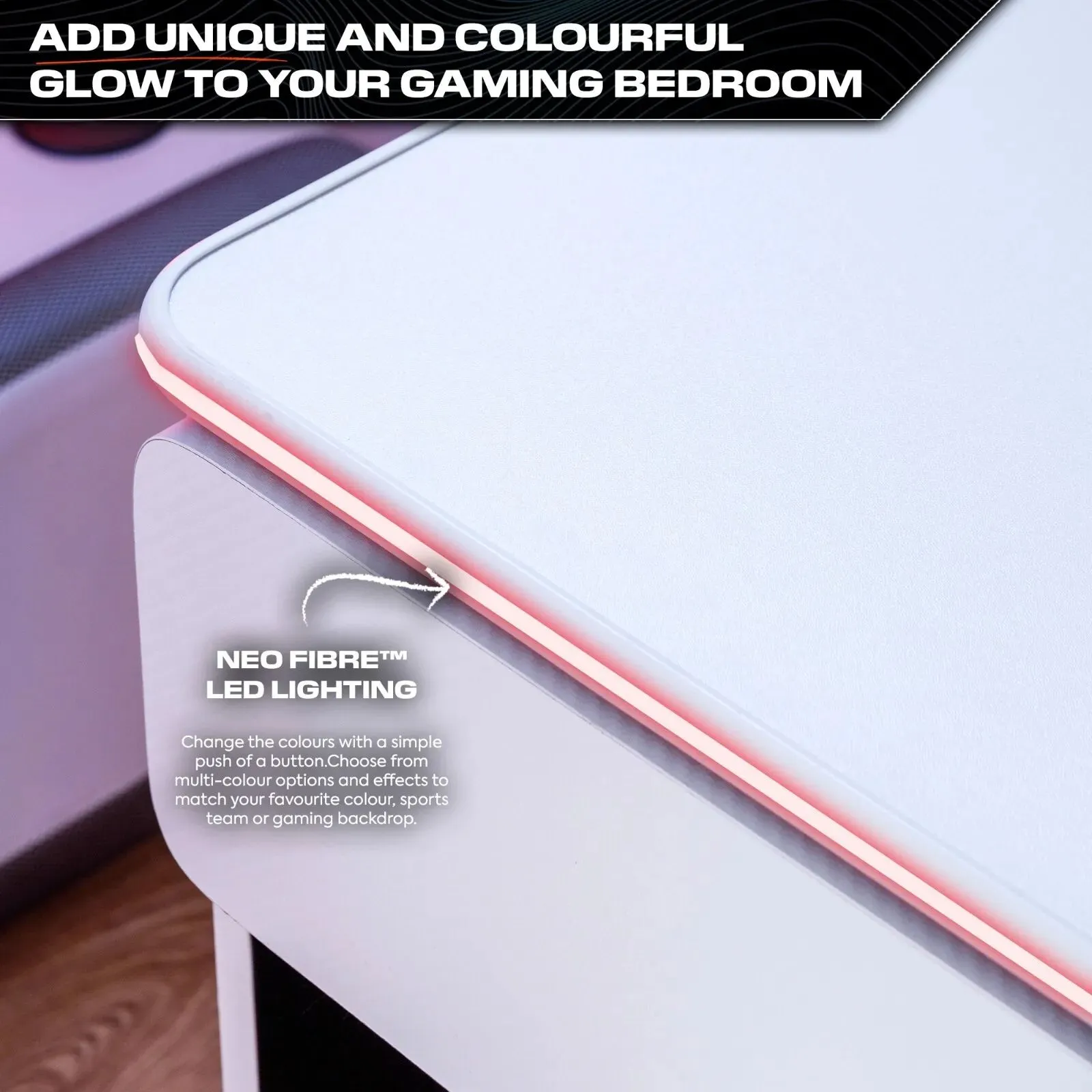 X Rocker Carbon-Tek 120cm LED Gaming Desk with Drawer & Charging in White 3