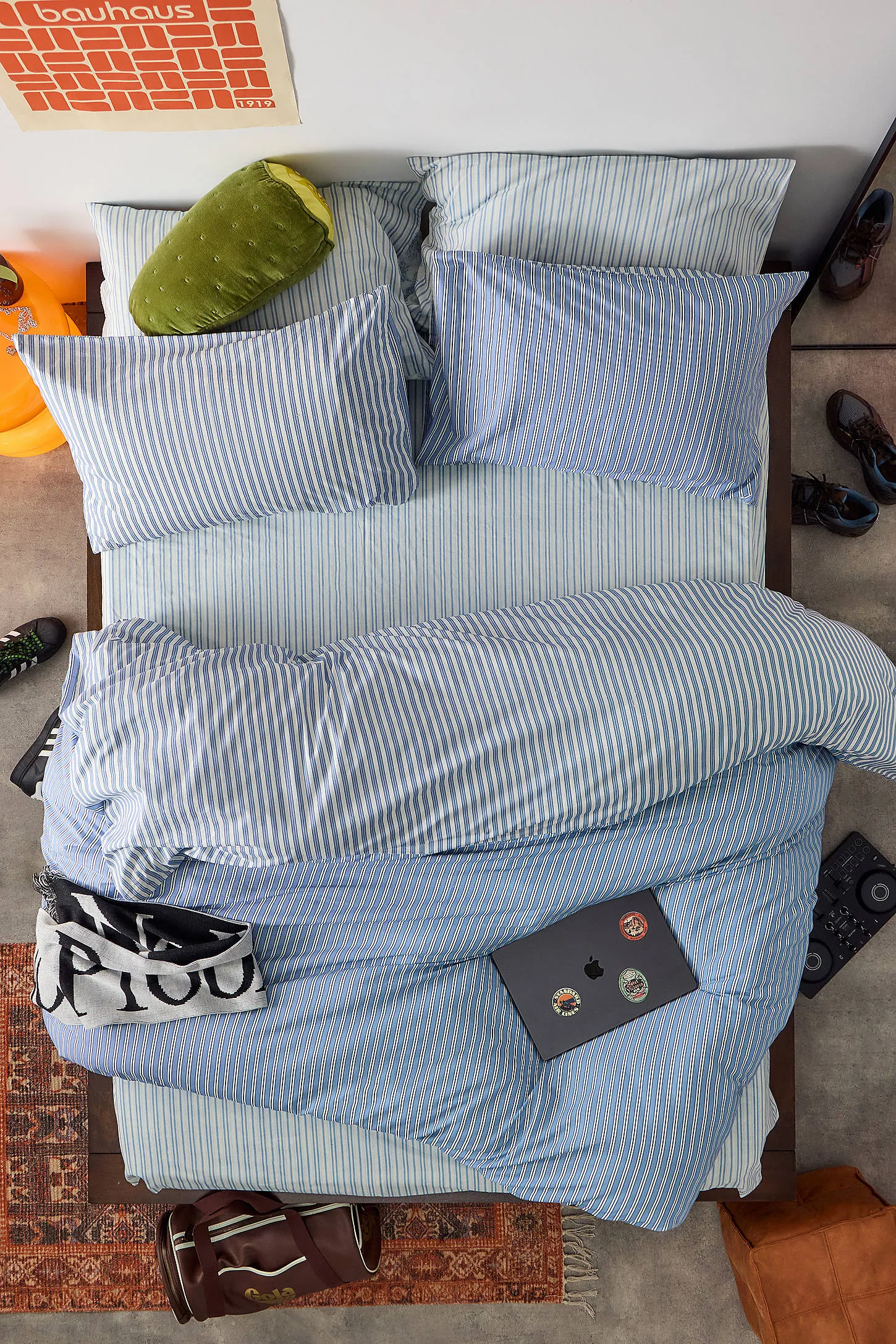 Blue Shirt Stripe Reversible Duvet Set - Blue
