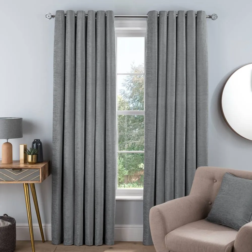Smart Living Luxury Chenille Eyelet Lined Curtains - 2 Panels in Silver 1