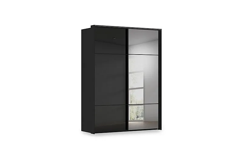 Haven 170cm 2 Door Slider Wardrobe with 1 Glass Door, 1 Mirror Door and Lights - Black Glass