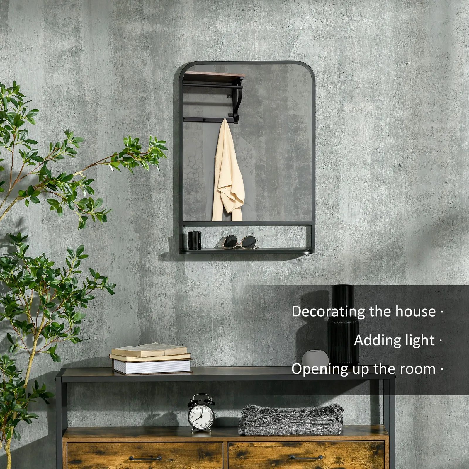 HOMCOM Square Wall Mirror with Shelf, 70x50 cm Modern Mirrors for Living Room, Bedroom in Black 4