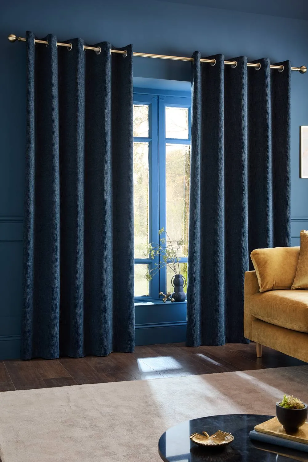 Catherine Lansfield 'Crinkle Chenille' Lined Eyelet Curtains in Blue 1