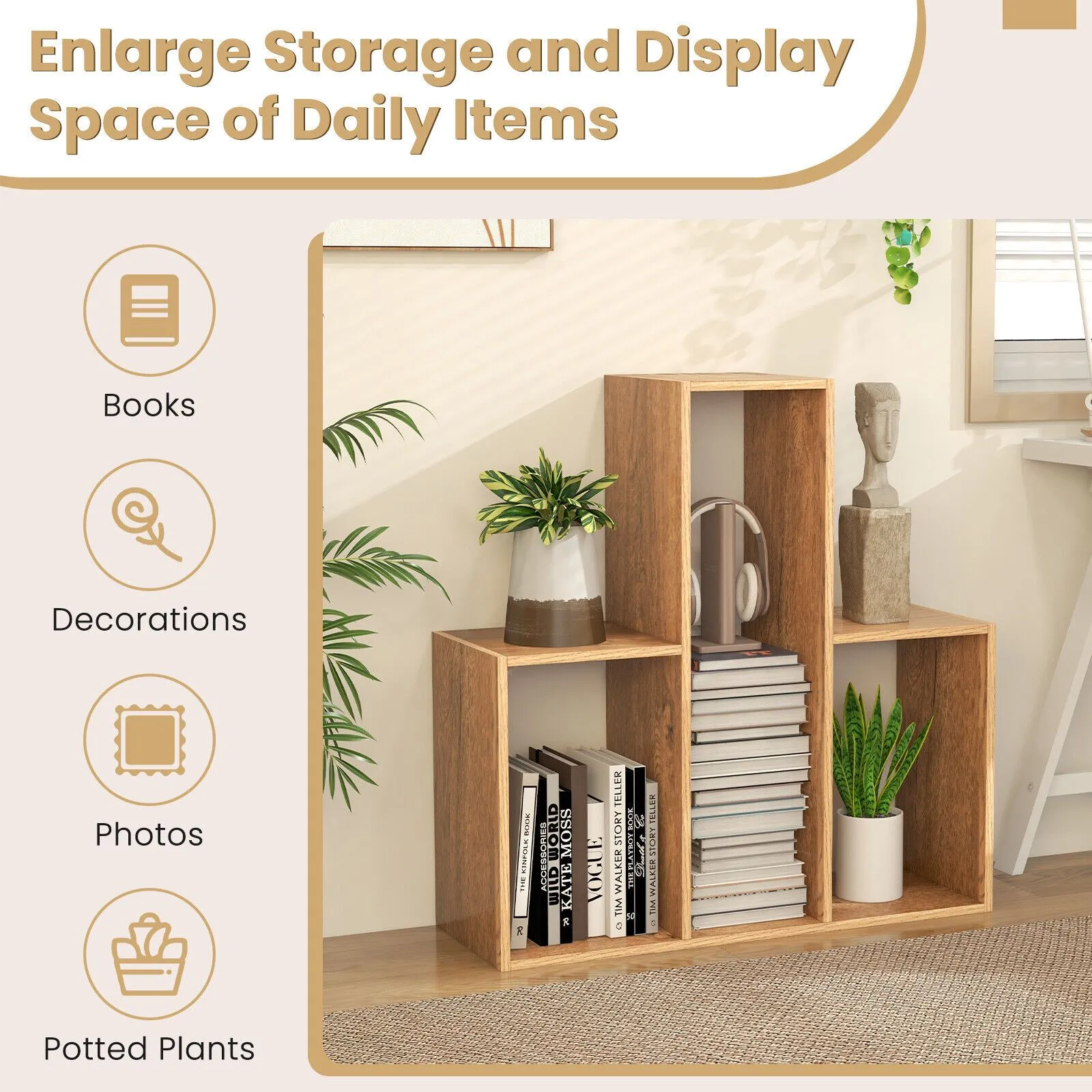 Costway Convex Bookshelf 3-Shelf Bookcase Modern Display Storage Shelf in Natural 6