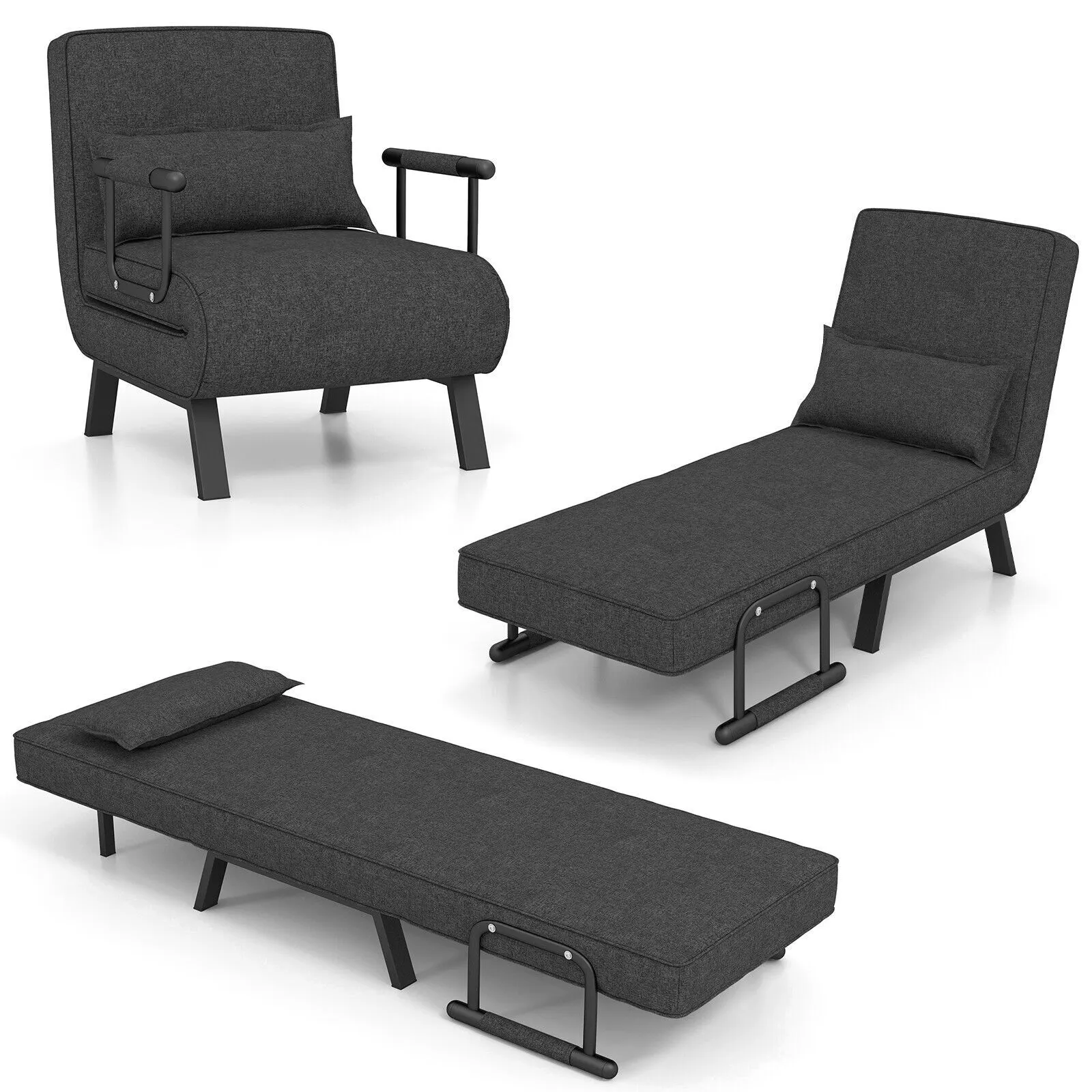 Costway Convertible Single Folding Sofa Bed Sleep Chair w/ 6 Positions Adjustable Backrest Dark Grey 3