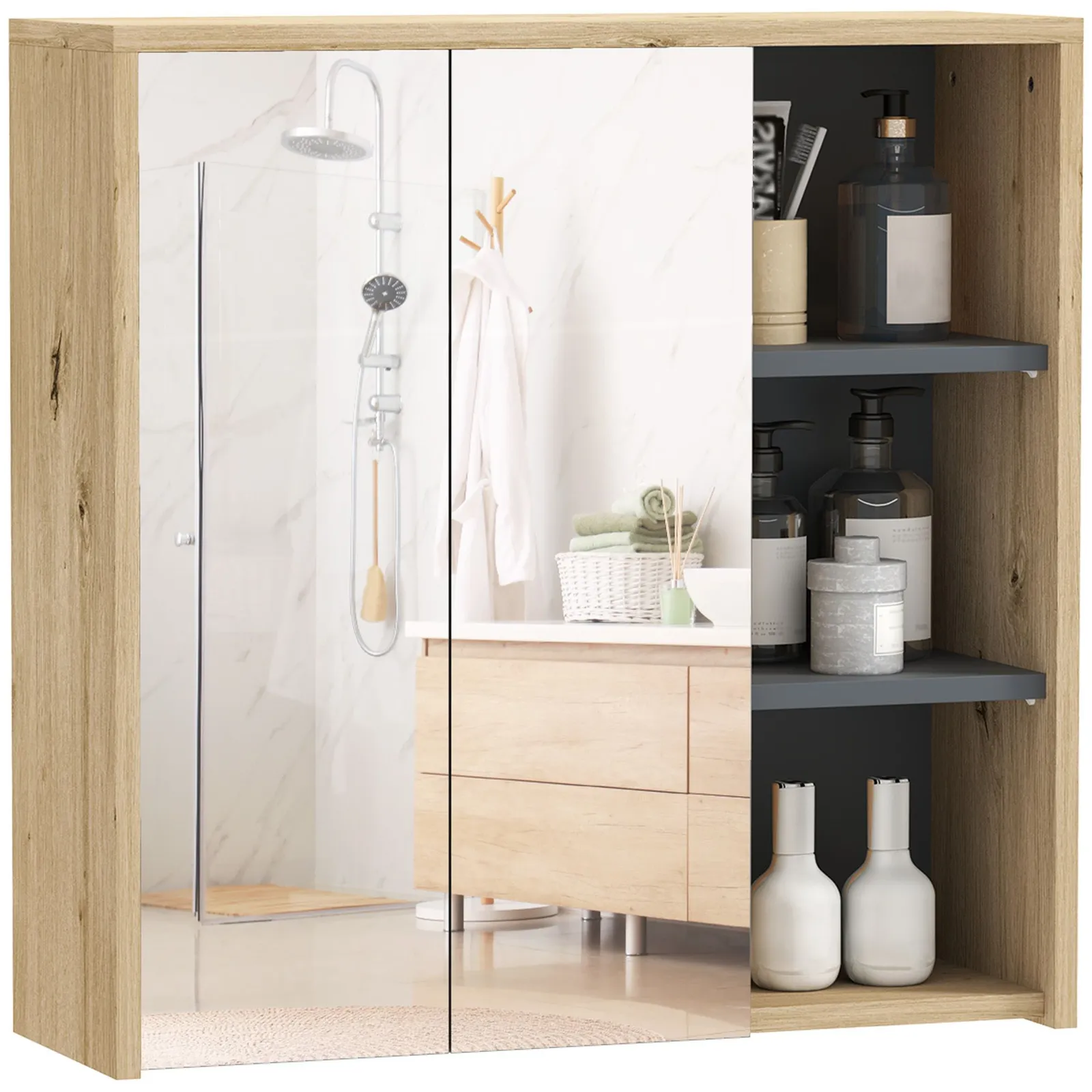 HOMCOM Bathroom Cabinet Wall Mounted Mirror Storage with Shelves Natural 2